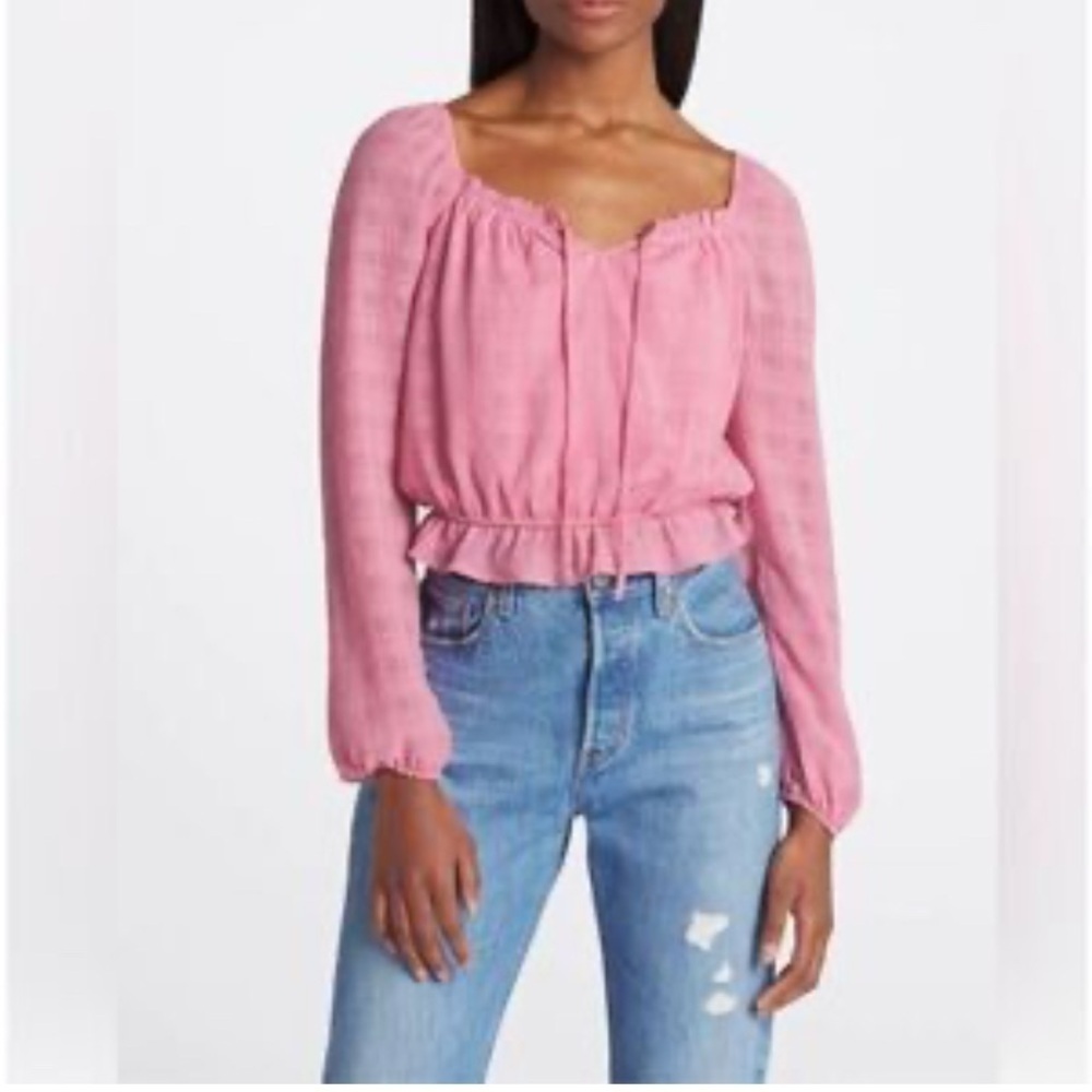 Lush Women's Cori Cropped Pink Peasant Blouse Size L Smocked Cottagecore Flirty